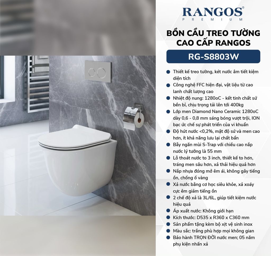 Bồn cầu treo tường cao cấp Rangos RG-S8803W