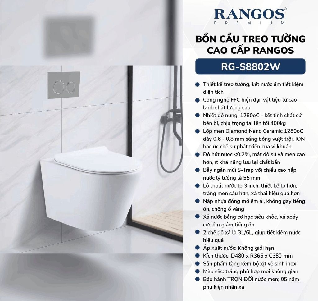 Bồn cầu treo tường cao cấp Rangos RG-S8802W