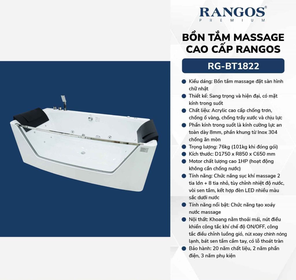 BỒN TẮM MASSAGE CAO CẤP RG-BT1822