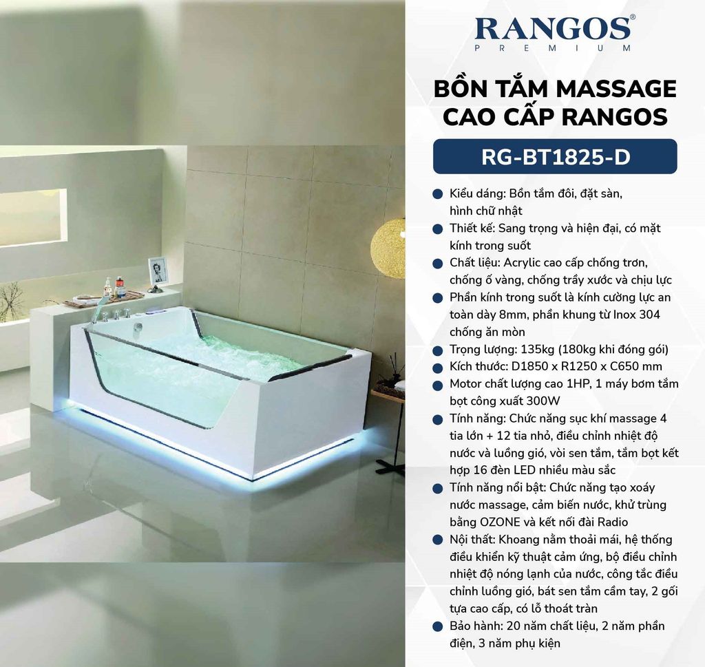 BỒN TẮM MASSAGE CAO CẤP RG-BT1825-D