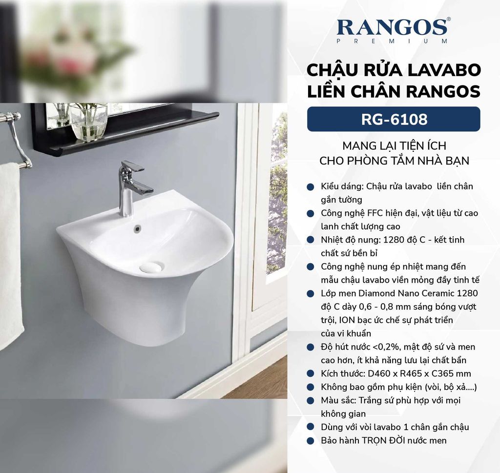 Chậu rửa lavabo liền chân Rangos RG-6108