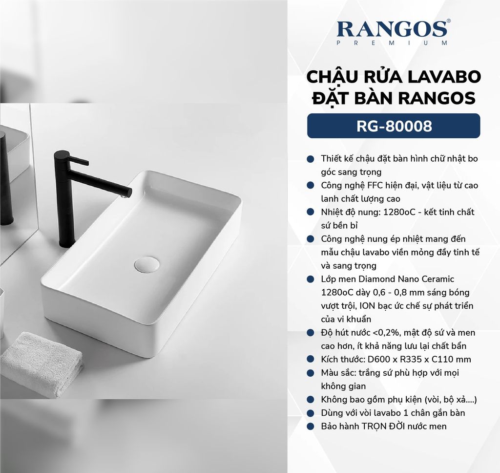 Chậu rửa lavabo đặt bàn Rangos RG-80008