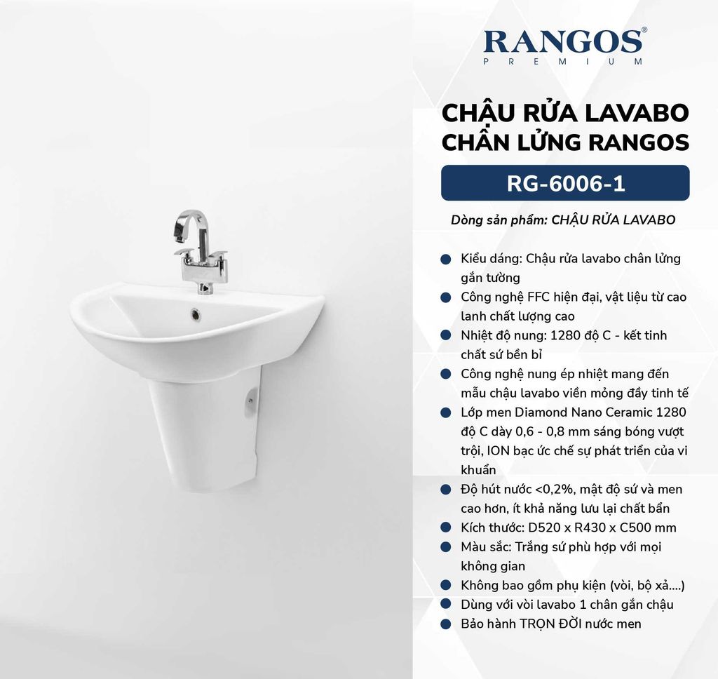 Chậu rửa lavabo chân lửng Rangos RG-6006-1
