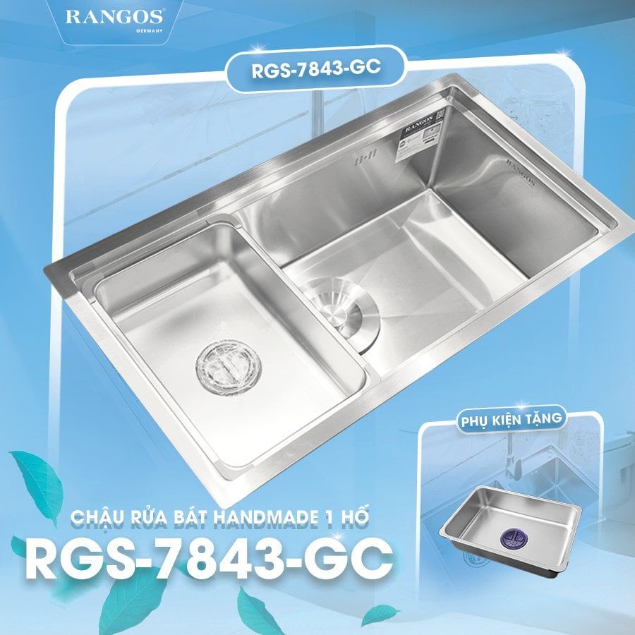 Chậu rửa bát HANDMADE 1 hố lớn âm bàn có giật cấp RGS-7843A-GC