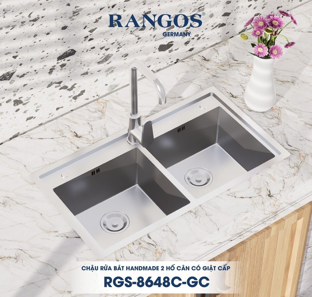 Chậu rửa bát HANDMADE 2 hố cân có giật cấp RGS-8648C-GC