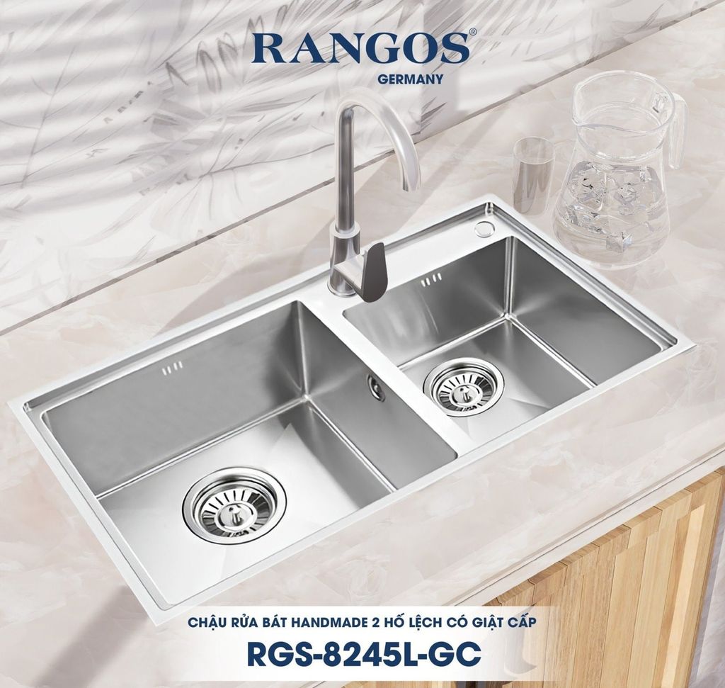 Chậu rửa bát HANDMADE 2 hố lệch có giật cấp RGS-8245L-GC