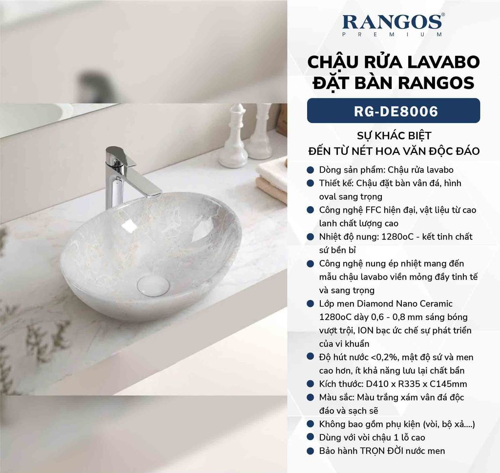 Chậu rửa lavabo đặt bàn Rangos RG-DE8006