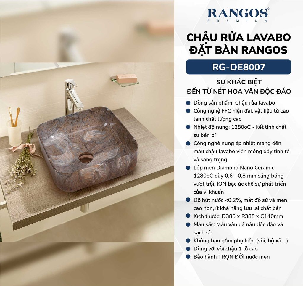 Chậu rửa lavabo đặt bàn Rangos RG-DE8007