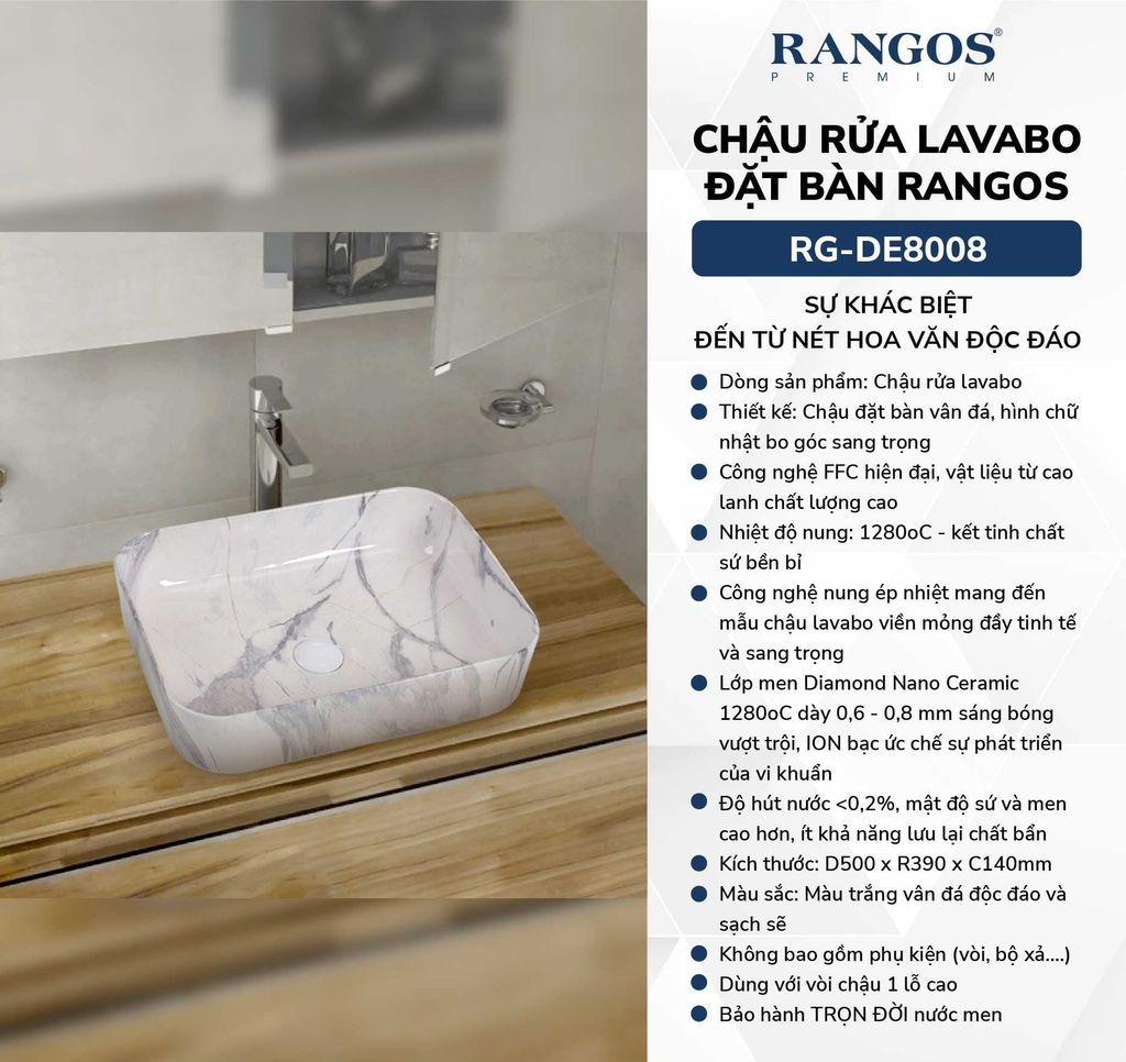Chậu rửa lavabo đặt bàn Rangos RG-DE8008