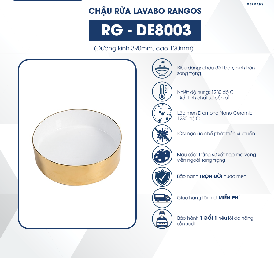 Chậu rửa lavabo đặt bàn Rangos RG-DE8003