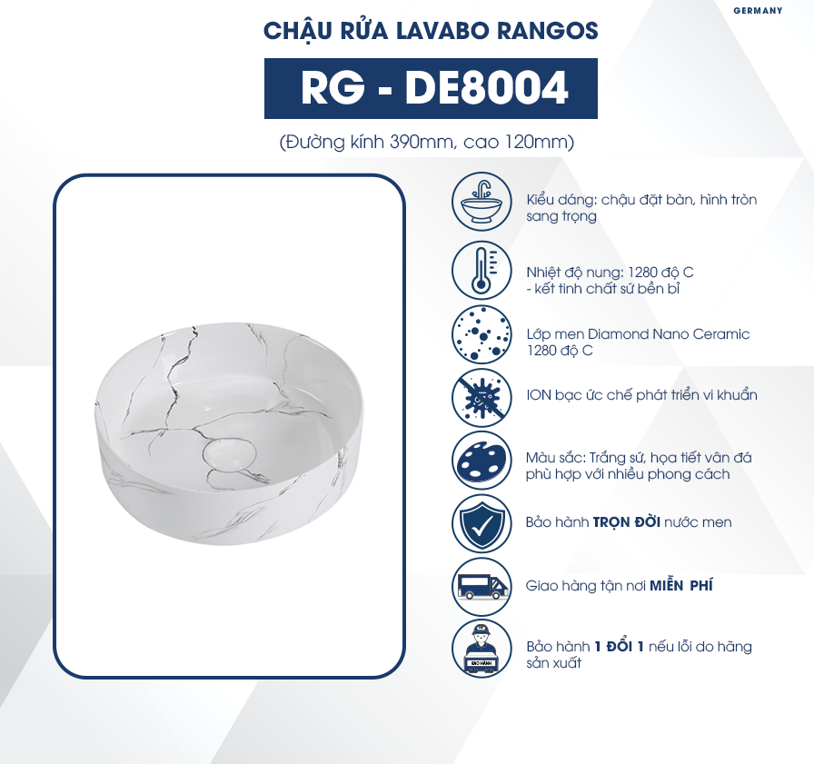 Chậu rửa lavabo đặt bàn Rangos RG-DE8004
