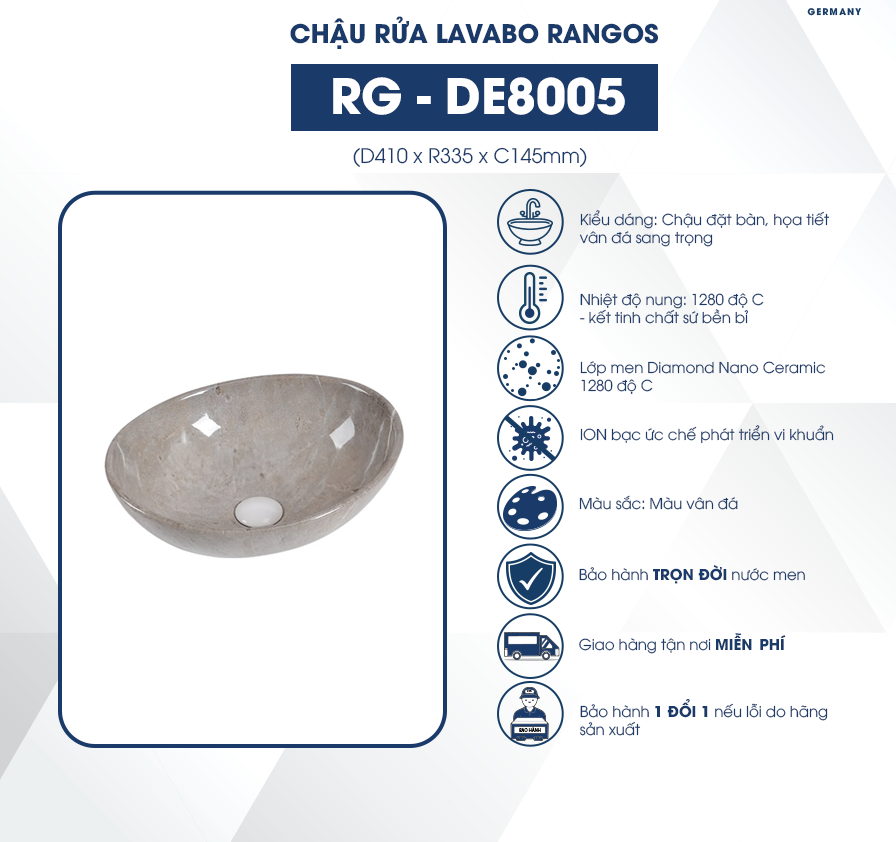 Chậu rửa lavabo đặt bàn Rangos RG-DE8005