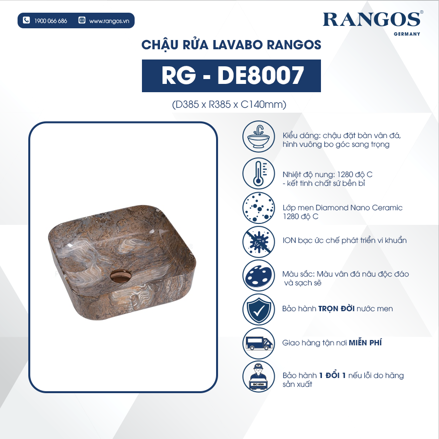 Chậu rửa lavabo đặt bàn Rangos RG-DE8007