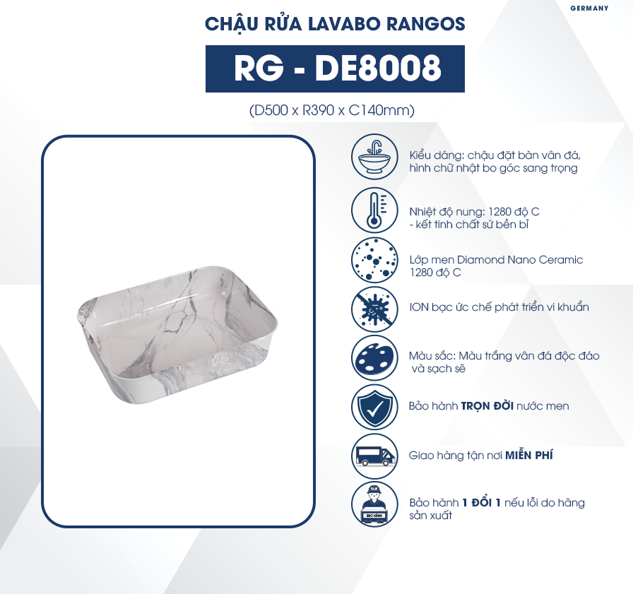 Chậu rửa lavabo đặt bàn Rangos RG-DE8008