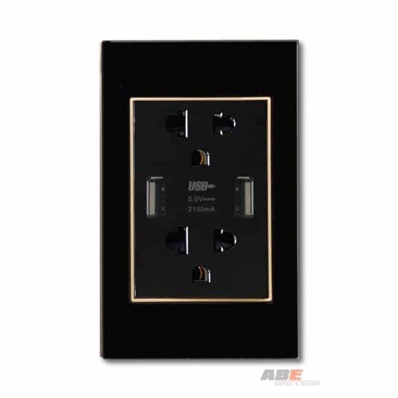 Ổ cắm đôi 3 chấu kèm USB đôi Crystal Black