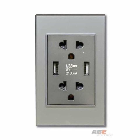 Ổ cắm đôi 3 chấu kèm USB đôi Crystal Grey