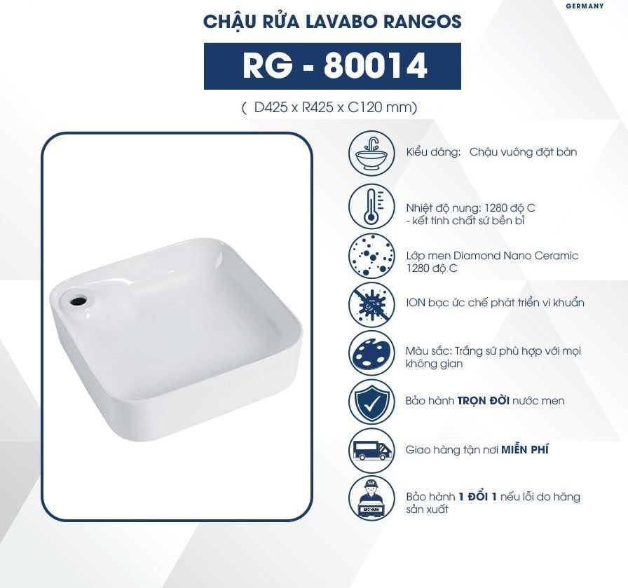 Chậu rửa lavabo đặt bàn Rangos RG-80014