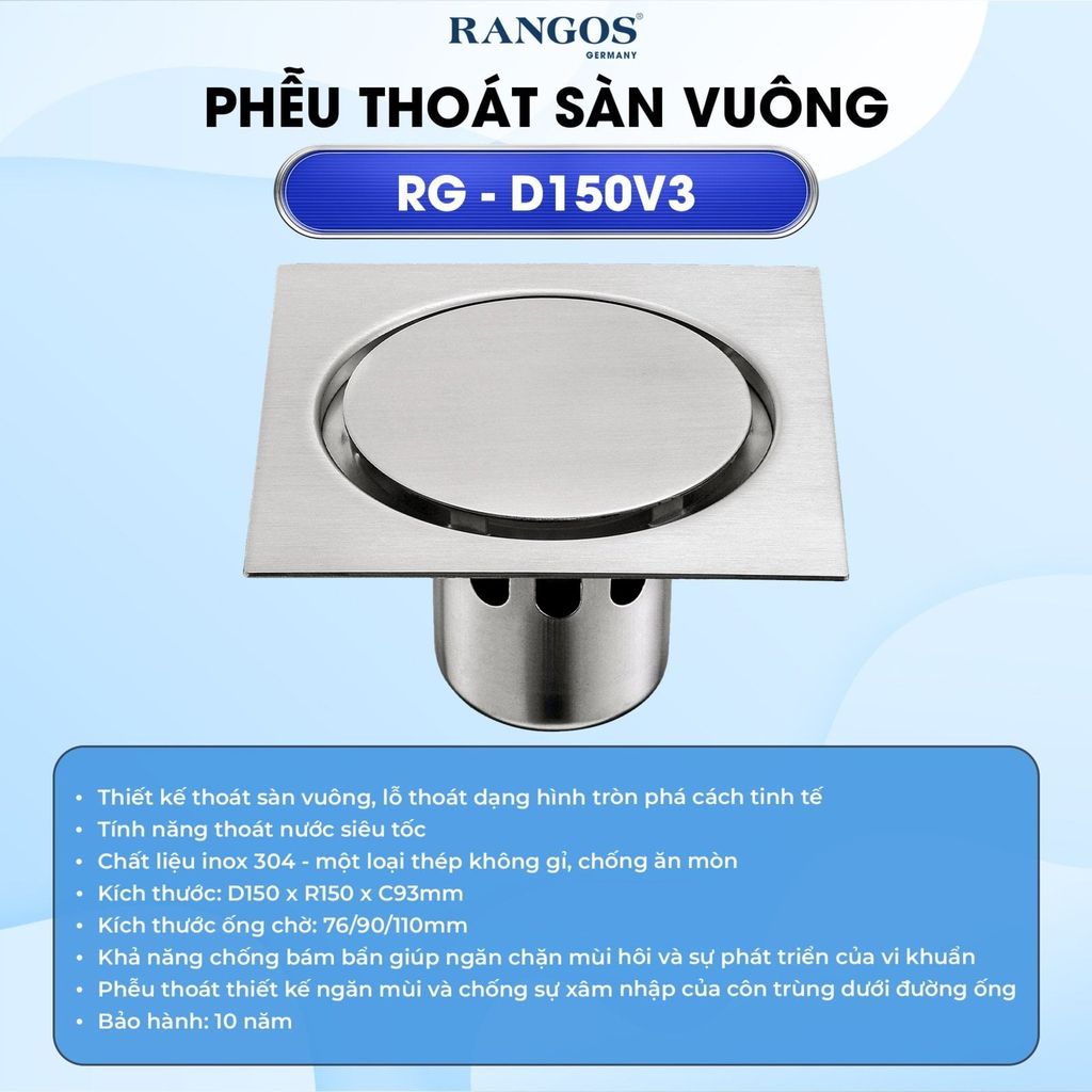 Thoát sàn nhà tắm cao cấp INOX 304 RG-D150V3