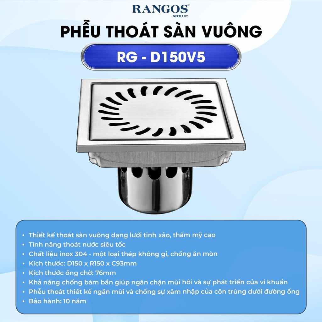 Thoát sàn nhà tắm cao cấp INOX 304 RG-D150V5