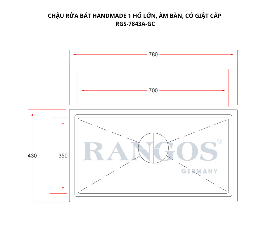 Chậu rửa bát HANDMADE 1 hố lớn âm bàn có giật cấp RGS-7843A-GC