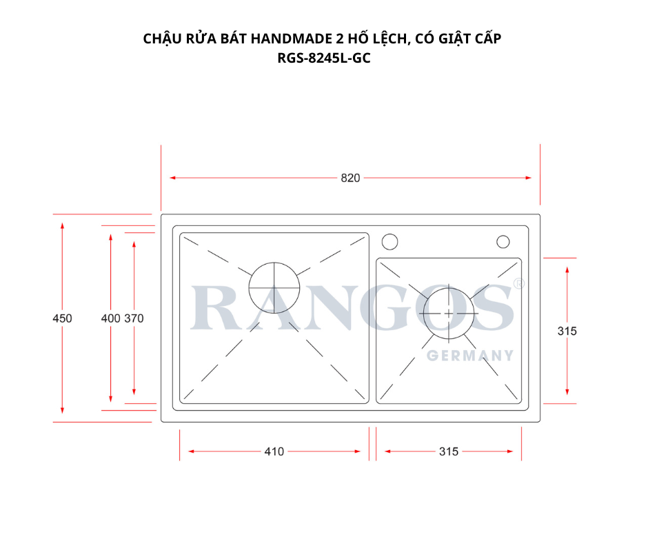 Chậu rửa bát HANDMADE 2 hố lệch có giật cấp RGS-8245L-GC