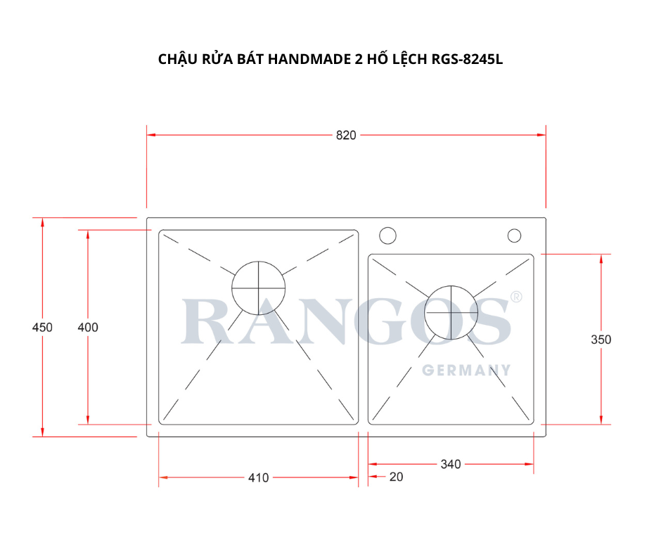 Chậu rửa bát HANDMADE 2 hố lệch RGS-8245L