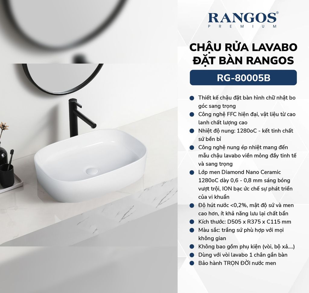 Chậu rửa lavabo đặt bàn Rangos RG-80005B