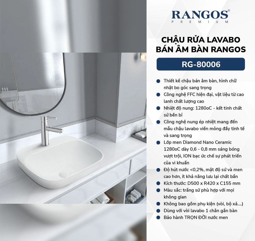 Chậu rửa lavabo bán âm bàn Rangos RG-80006