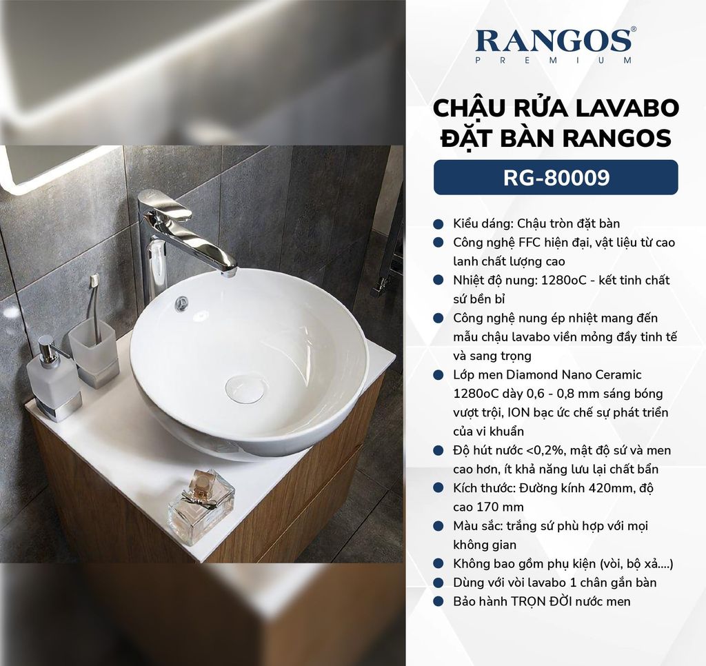 Chậu rửa lavabo đặt bàn Rangos RG-80009