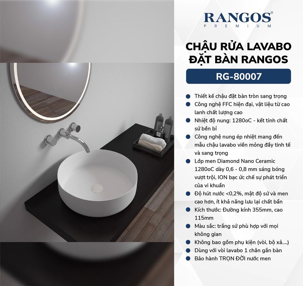 Chậu rửa lavabo đặt bàn Rangos RG-80007