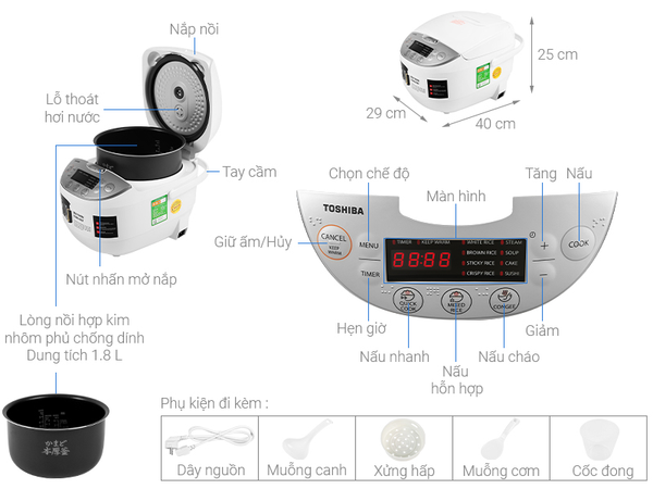 Nồi cơm điện tử Toshiba RC-18DH2PV(W) - 1.8L - Phù hợp 4-6 người - Lòng nồi dày 2.2mm, chống dính - 11 chương trình nấu tự động - Hàng chính hãng, bảo hành 12 tháng, chất lượng Nhật Bản - [HÀNG CHÍNH HÃNG]