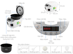 Nồi cơm điện tử Toshiba RC-18DH2PV(W) - 1.8L - Phù hợp 4-6 người - Lòng nồi dày 2.2mm, chống dính - 11 chương trình nấu tự động - Hàng chính hãng, bảo hành 12 tháng, chất lượng Nhật Bản - [HÀNG CHÍNH HÃNG]