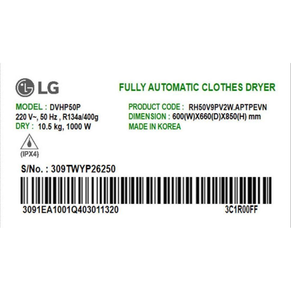 Máy Sấy Bơm Nhiệt Lồng Ngang LG Inverter 10.5 kg DVHP50P