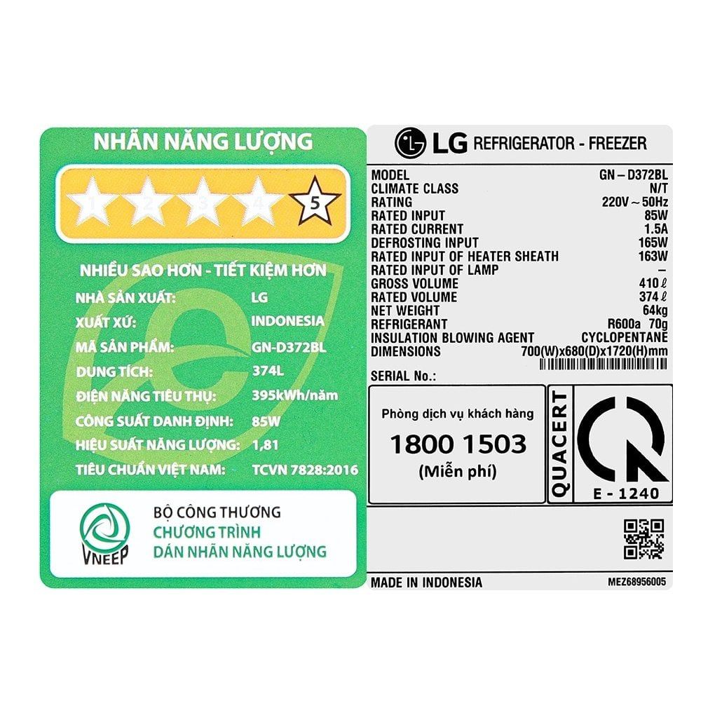 Tủ lạnh LG Inverter 374 lít GN-D372BL