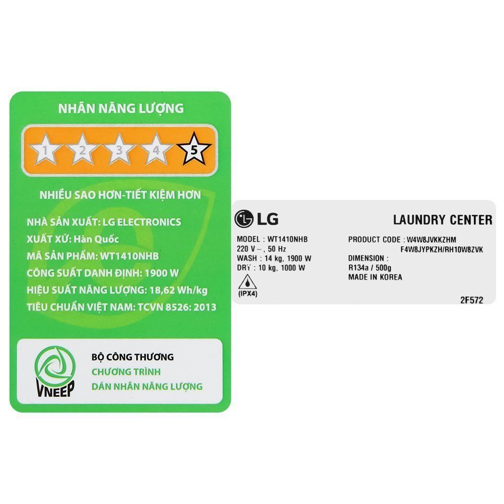 Máy giặt sấy LG Inverter 14 kg WT1410NHB