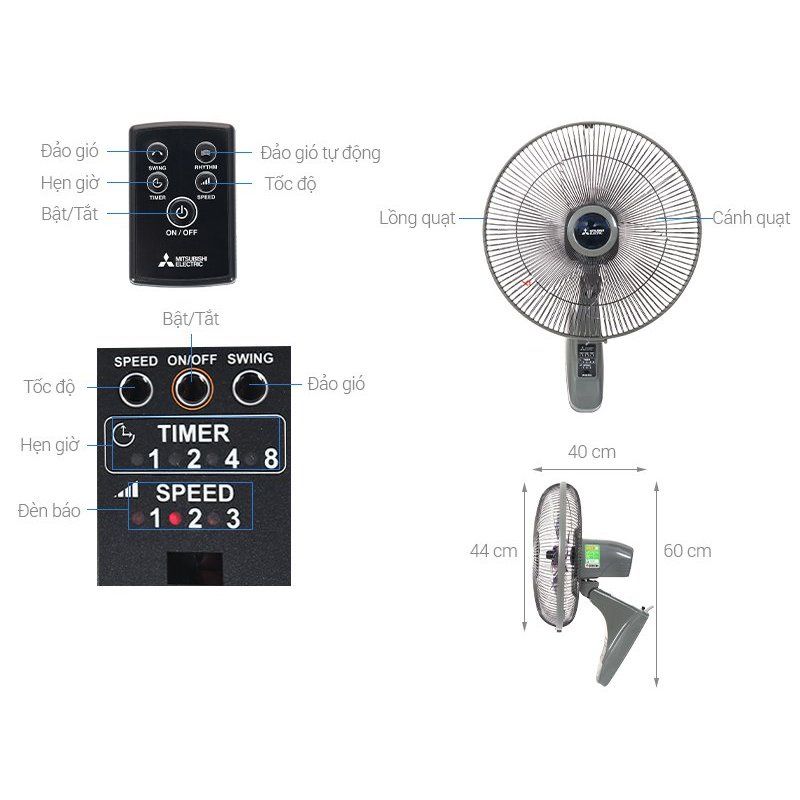 Quạt treo tường Mitsubishi Electric 3 cánh W16-RA CY-GY 47W - Chính Hãng, Mới, Full Box