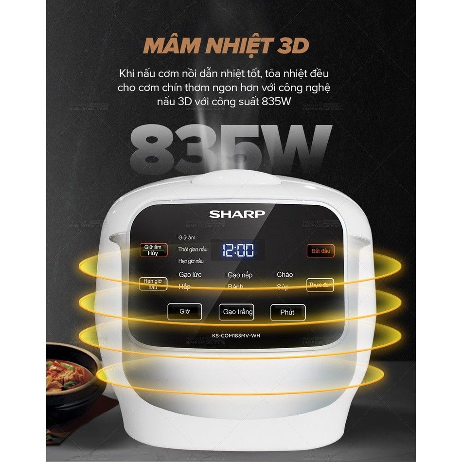 Nồi cơm điện tử Sharp 1.8 lít KS-COM183MV-WH Nồi Cơm Loại Tốt Bền, Đa Năng, Công Suất 835W, Chống Dính