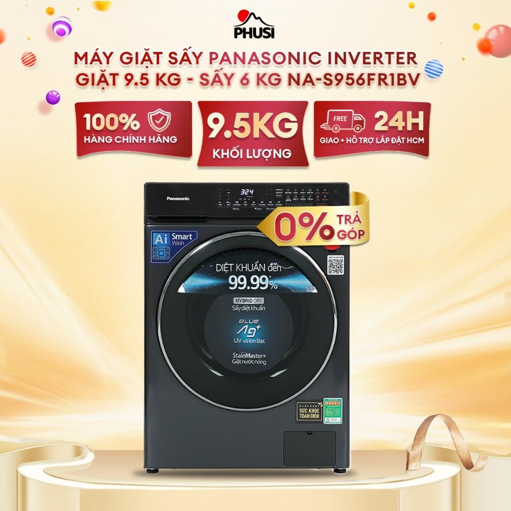 Máy Giặt Sấy Lồng Ngang Panasonic Inverter Giặt 9.5 kg Sấy 6kg NA-S956FR1BV
