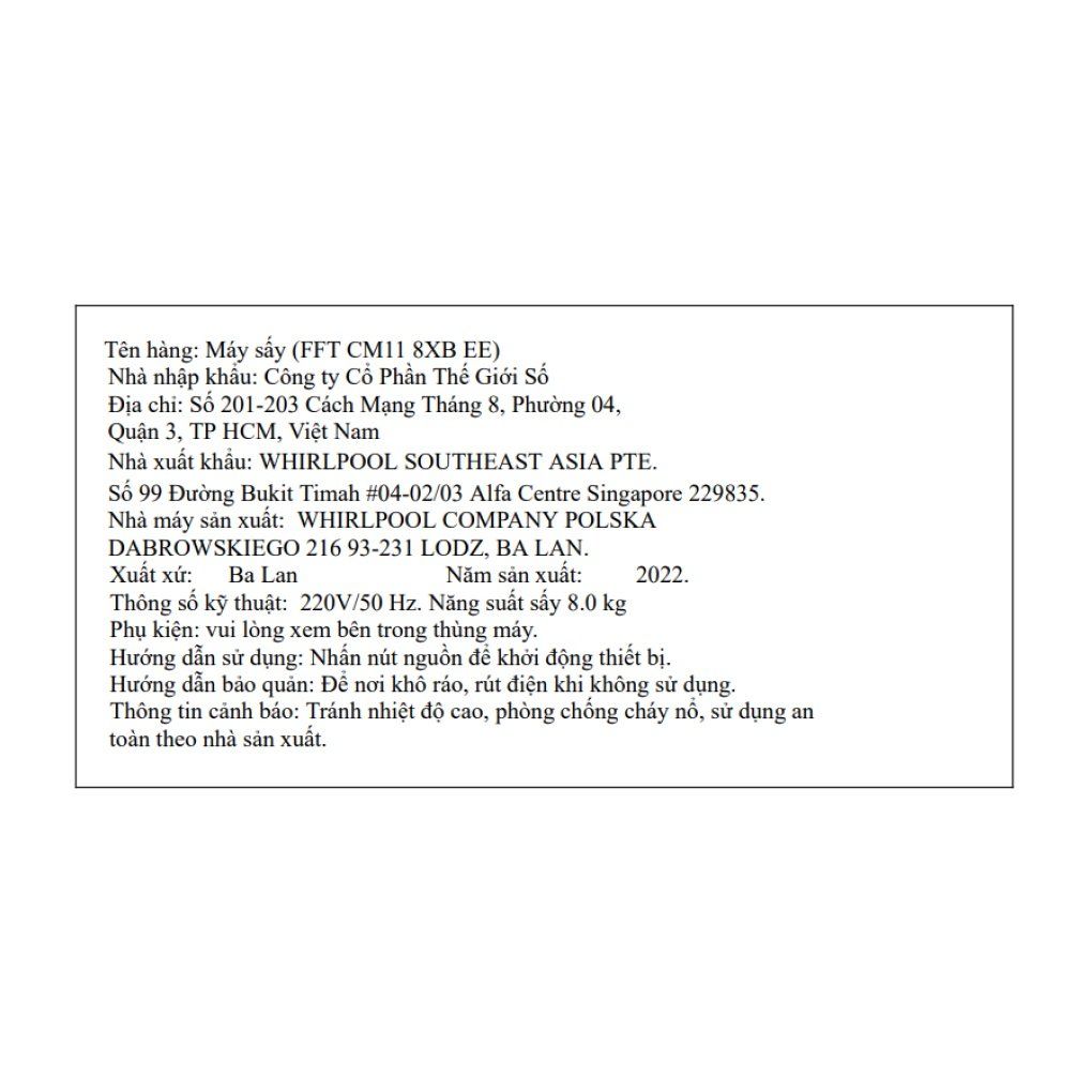 Máy sấy ngưng tụ Whirlpool 8 kg FFTCM118XB EE