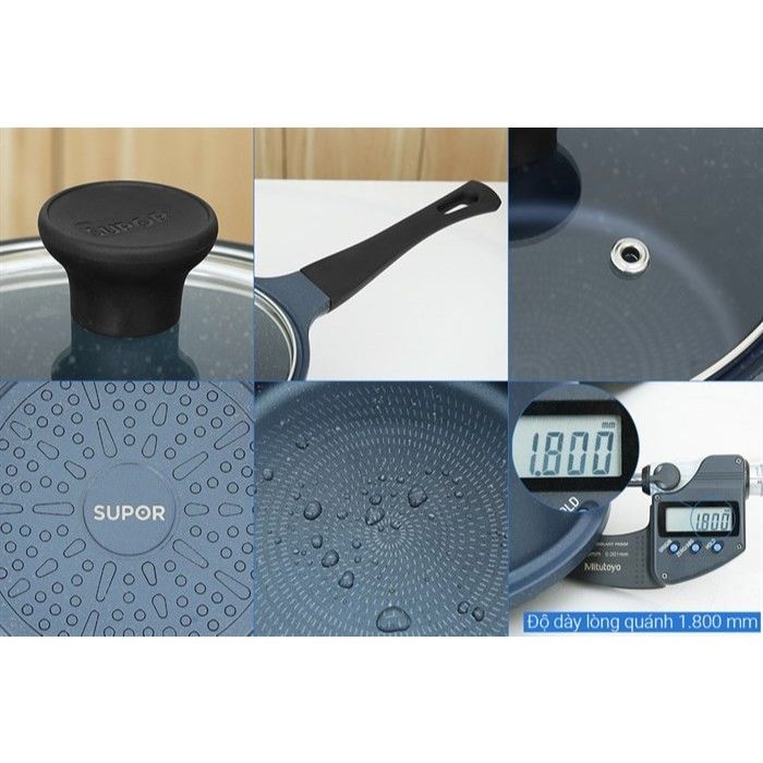 Bộ 3 nồi đúc (quánh) nhôm chống dính nắp kính Supor DuraRock H23102-T1, vân đá xanh - Hàng chính hãng
