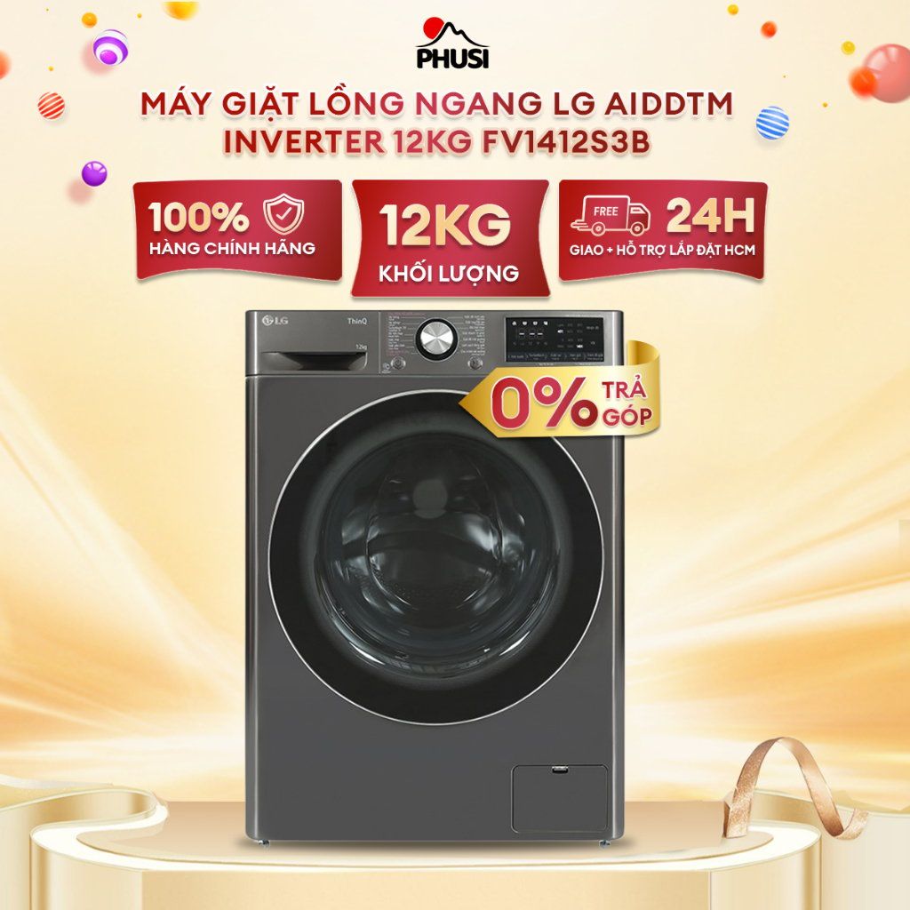 Máy Giặt Lồng Ngang  LG AIDDTM Inverter 12kg màu đen FV1412S3B