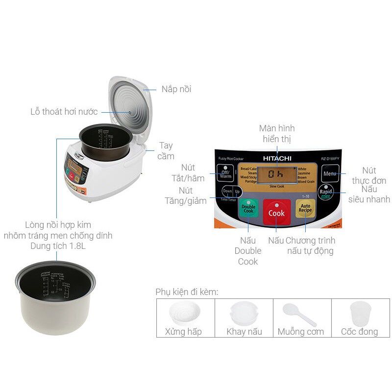 Nồi cơm điện tử Hitachi RZ - D10XFY 540W 1L  - Chính Hãng, Mới, Full Box