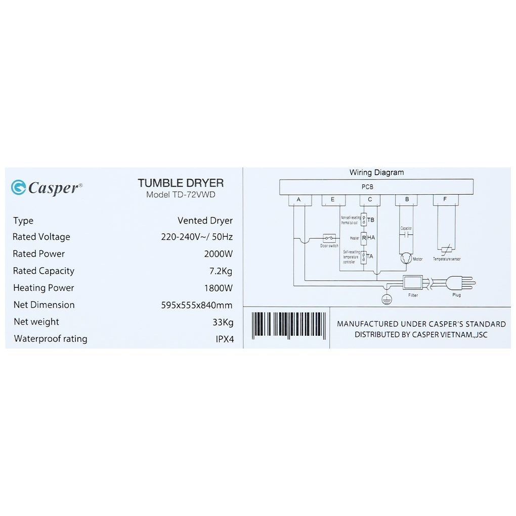Máy Sấy Thông Hơi Lồng Ngang Casper 7.2 kg TD-72VWD