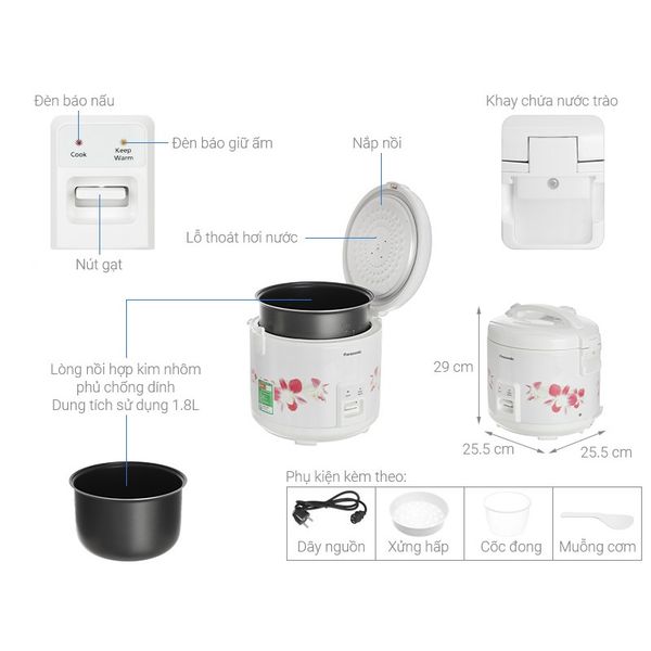 Nồi cơm điện nắp gài Panasonic 1.8 lít SR-MVN18FRAX - Chính Hãng, Mới, Full Box