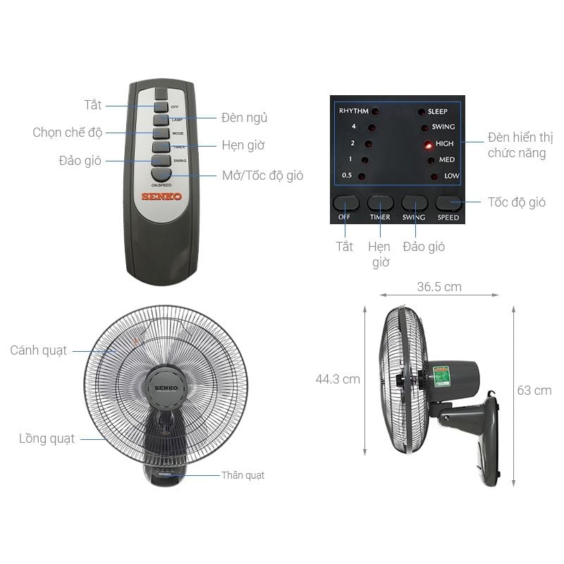 [TR1628] Quạt treo tường Senko 3 cánh TR1628 47W - Chính Hãng, Mới, Full Box - Màu Ngẫu Nhiên