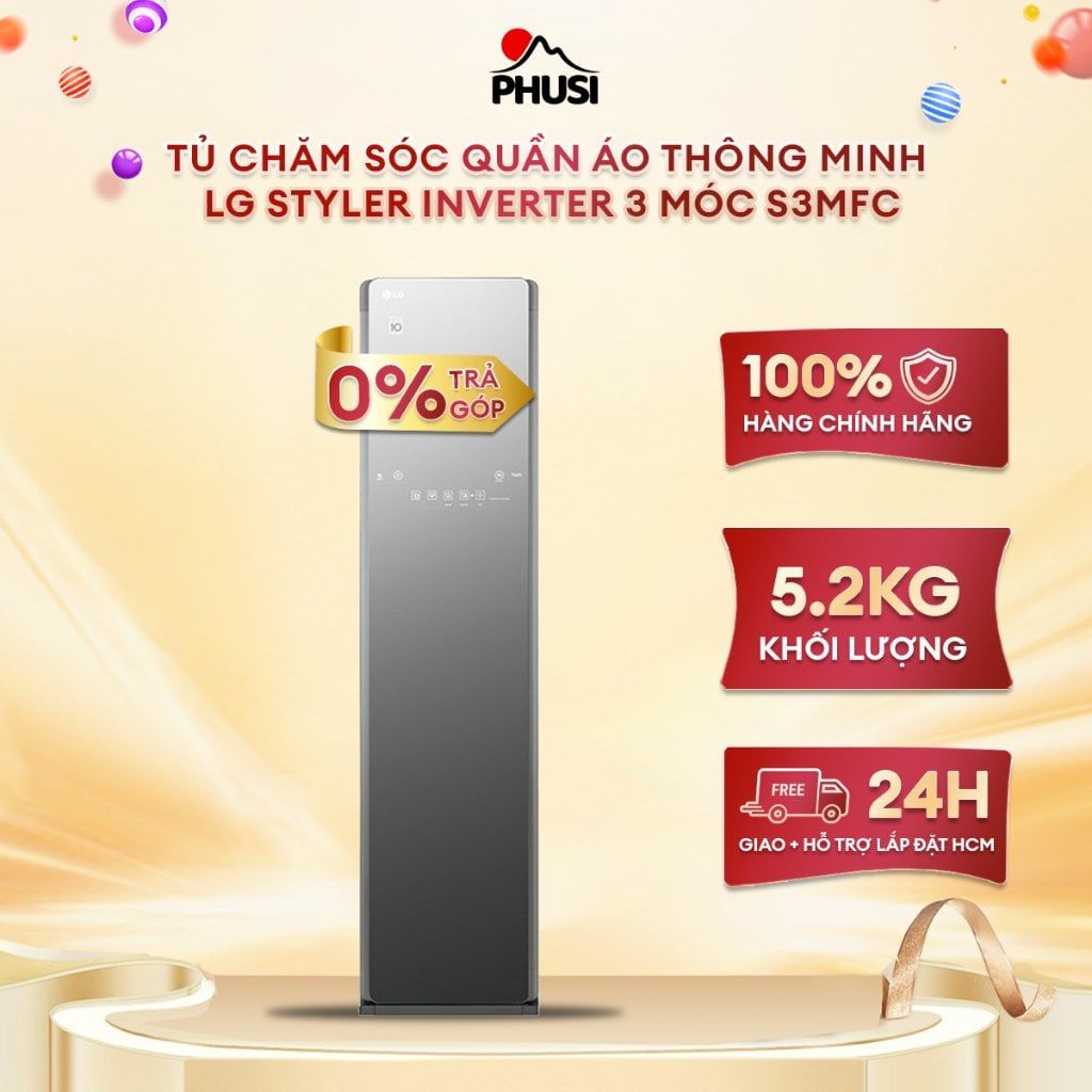 Tủ chăm sóc quần áo thông minh LG Styler Inverter 3 móc S3MFC, Màu gương kính