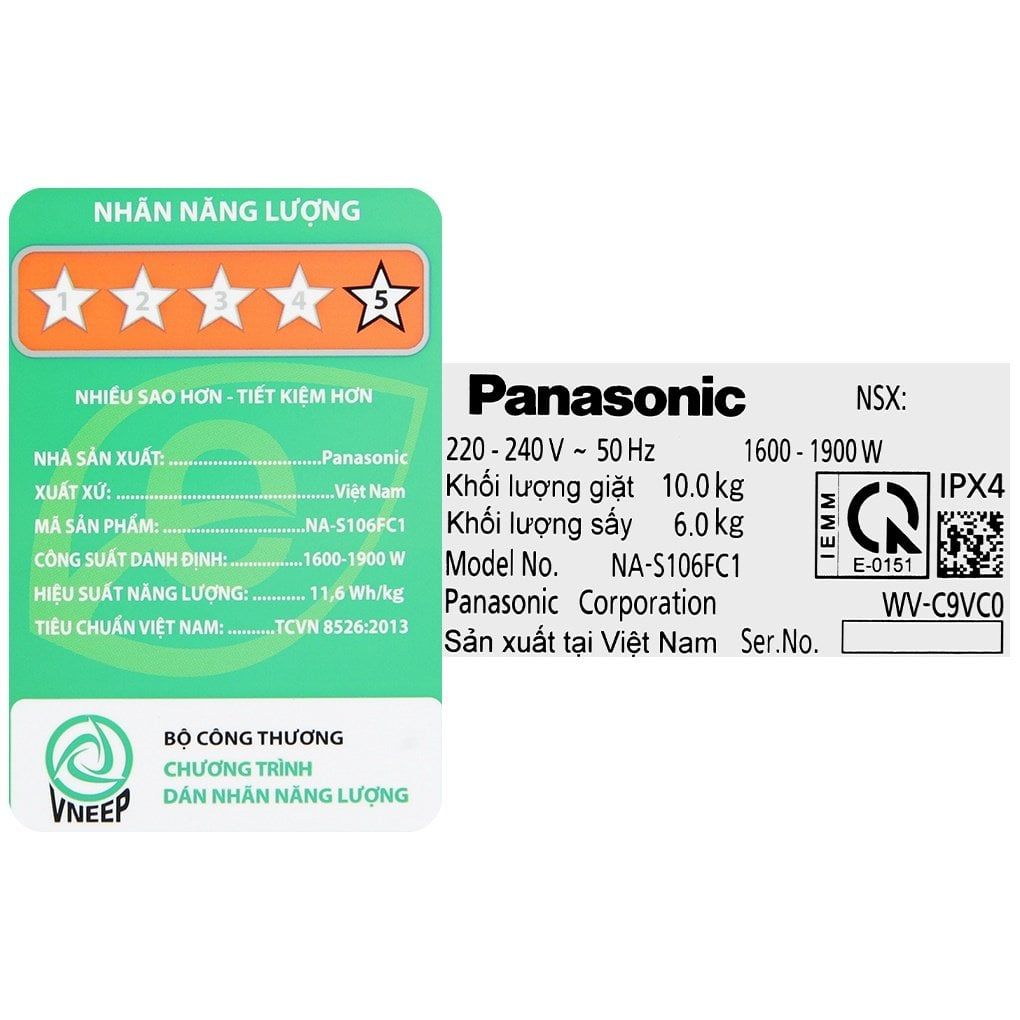Máy giặt sấy Panasonic Inverter 10 kg NA-S106FC1LV -