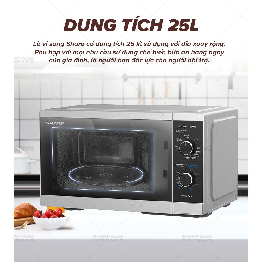 Lò Vi Sóng Cơ Có Nướng Sharp R-G251TV-SL 25L 5 Mức Công Suất Bảo Hành 12 tháng