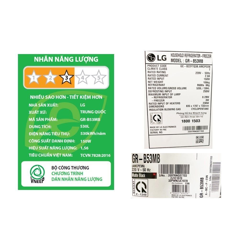 Tủ lạnh LG Inverter 530 Lít GR-B53MB 4 cánh