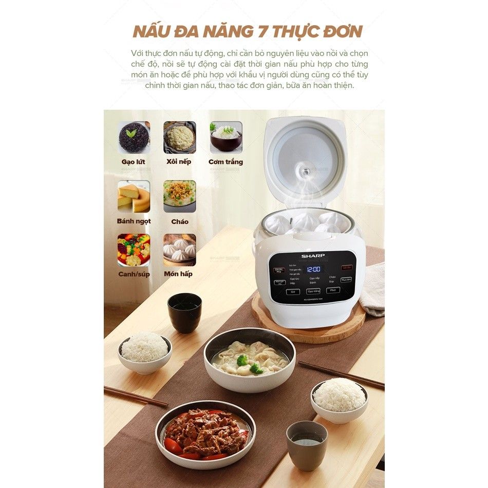 Nồi cơm điện tử Sharp 1.8 lít KS-COM183MV-WH Nồi Cơm Loại Tốt Bền, Đa Năng, Công Suất 835W, Chống Dính